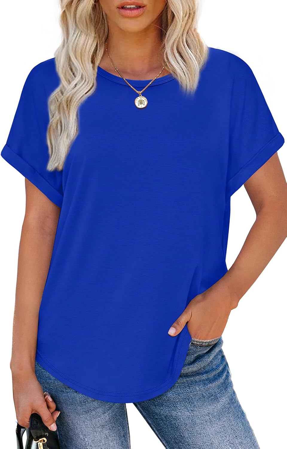 Womens T Shirts Crew Neck Rolled Short Sleeve Basic Summer Tees Curved Hem