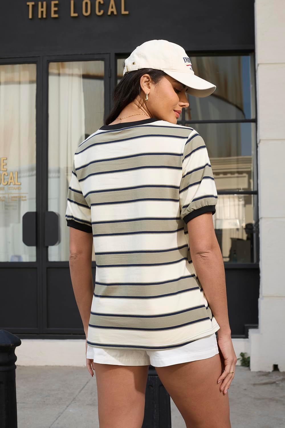 Womens Tops Cotton Casual Color Block Striped Short Sleeve Shirts Crewneck T Shirts