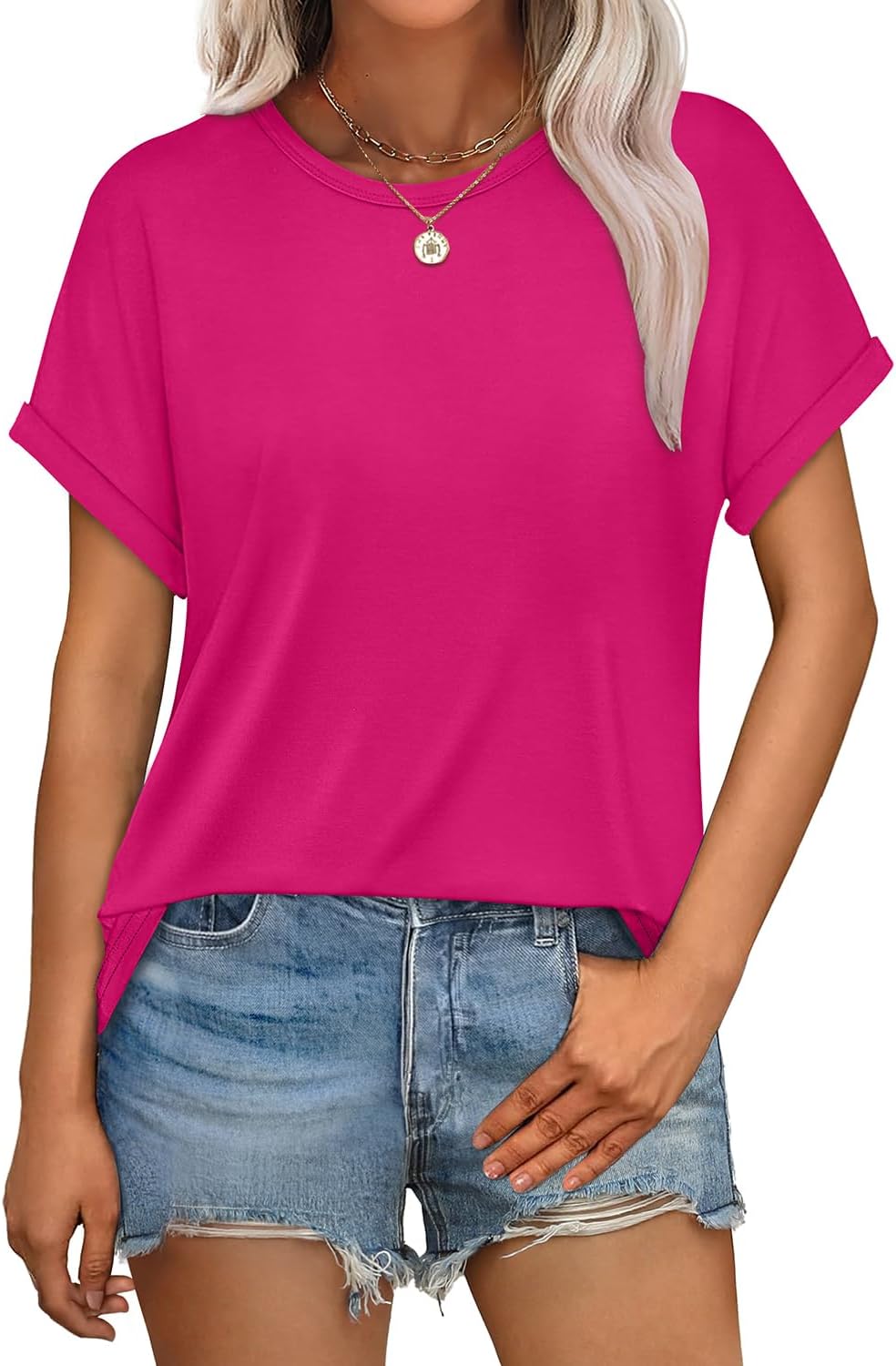 Womens T Shirts Crew Neck Rolled Short Sleeve Basic Summer Tees Curved Hem