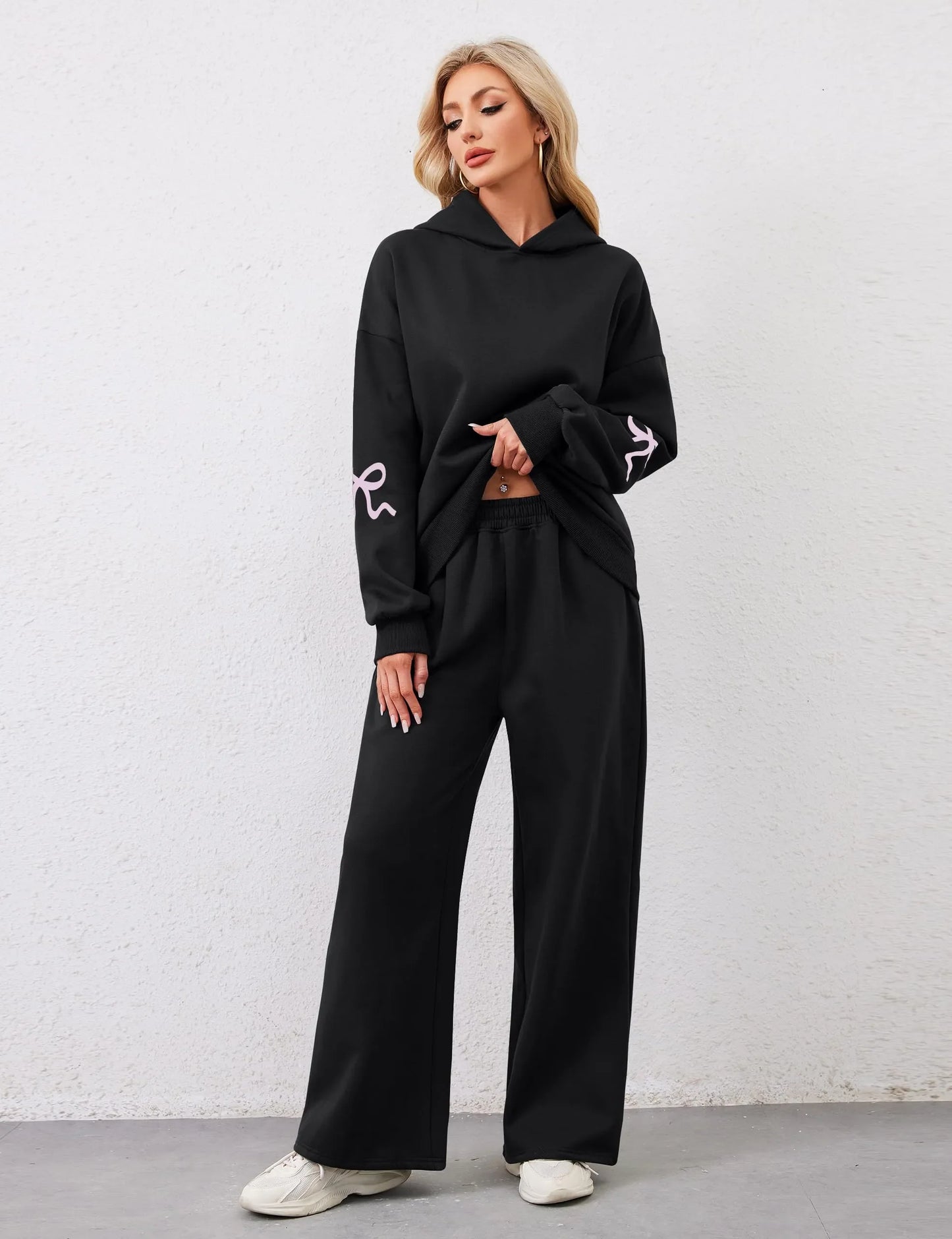 Women's 2 Piece Outfits Bow Trim Print Hoodie Sweatsuit Sets