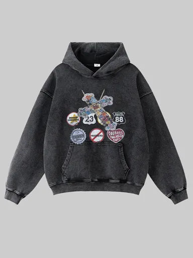 380g Badge Printed Wash Old Cotton Hoodie