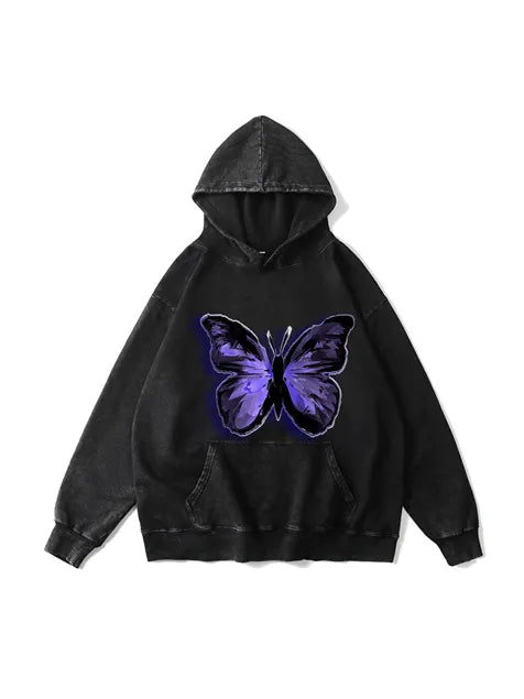360g Butterflies Back Letter Printed Wash Old Cotton Hoodie