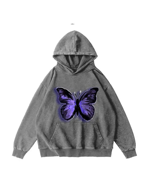 360g Butterflies Back Letter Printed Wash Old Cotton Hoodie