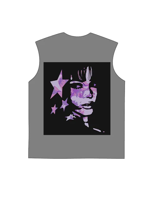 230g Cotton Back Pink Animation Girl Printed Wash Old Sleeveless T-shirt