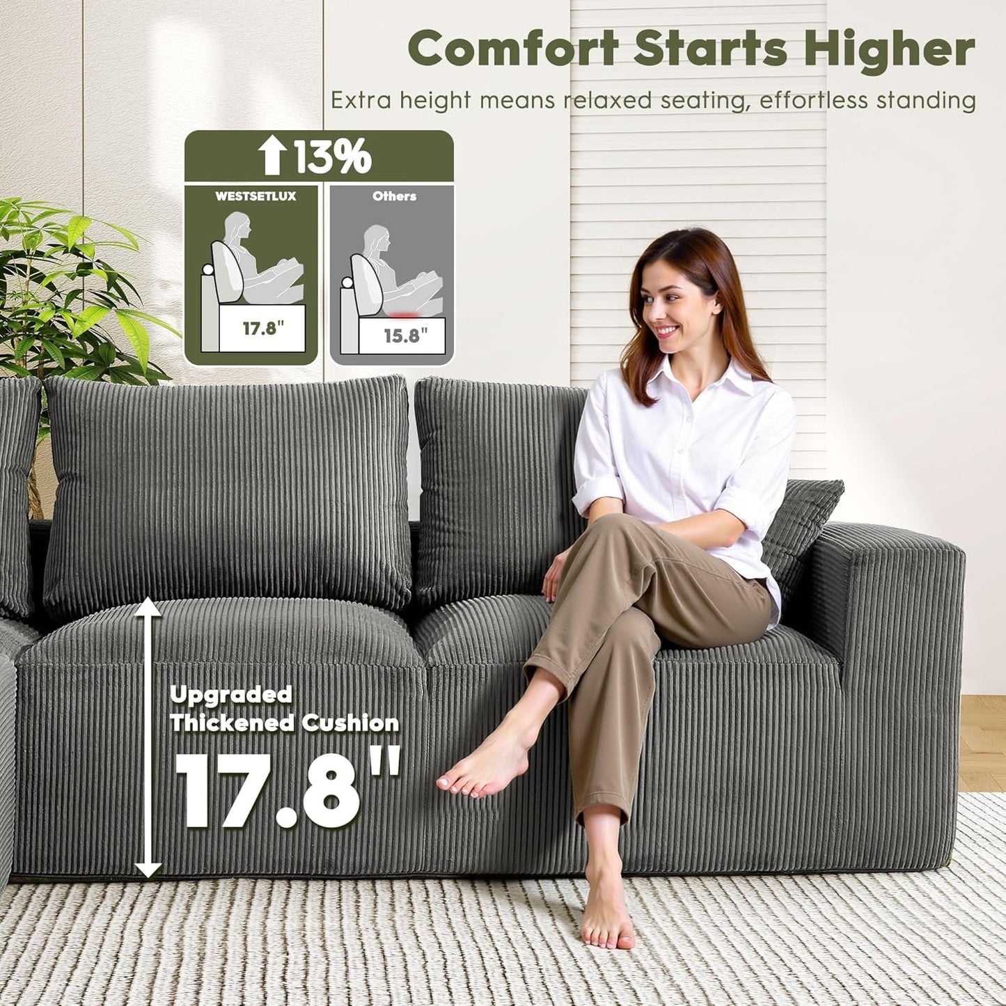 108 Inch Corduroy Cloud Sectional Sofa with Chaise Green