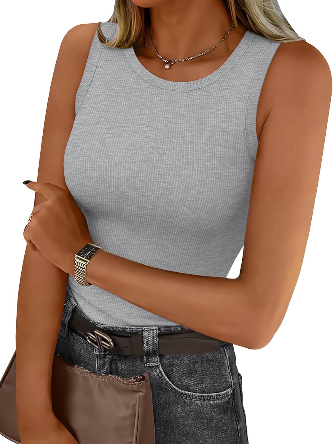 Womens Tank Tops Summer Workout Ribbed Sleeveless High Neck