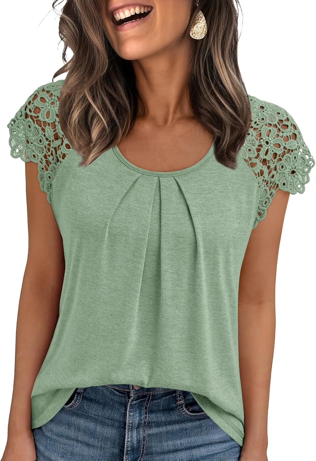 Womens Lace Tops Pleated Short Sleeve Shirts Summer