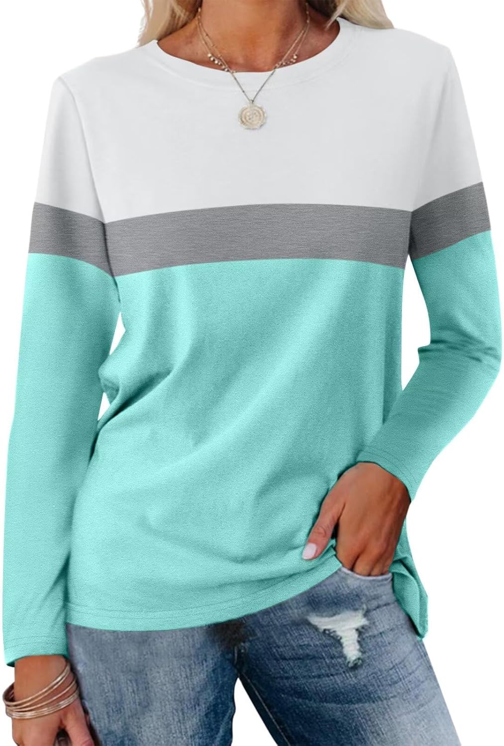 Women Long Sleeve Color Block Tunics Tops Round Neck Shirts Casual Blouses