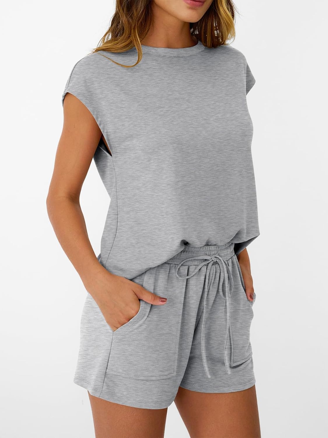Womens Crew Neck Two Piece short Sets Cap Sleeve Drawstring Sweatsuit with Pocket