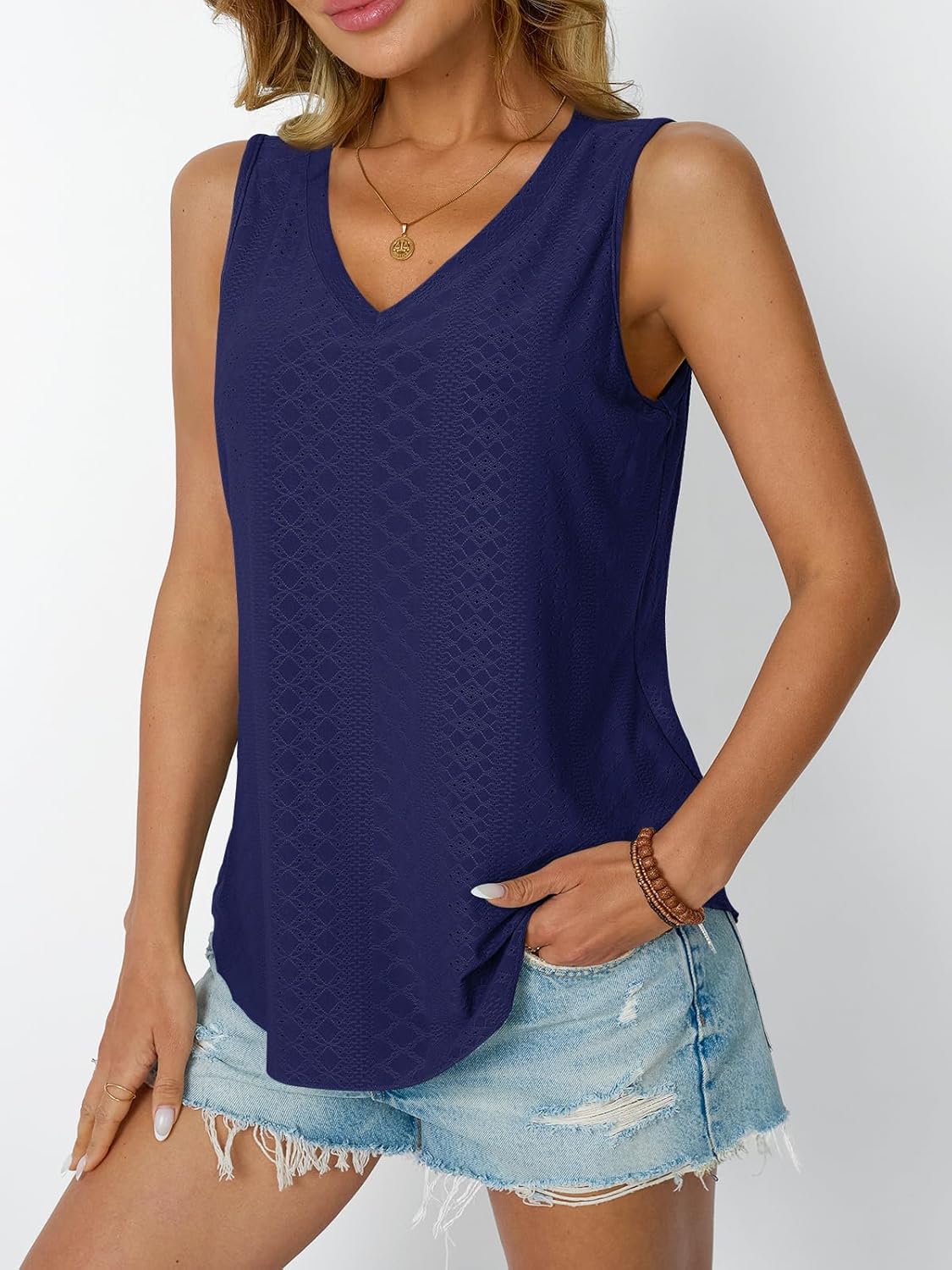 Womens Summer Tank Top Eyelet Embroidery V Neck Sleeveless Loose Fit Casual Shirt