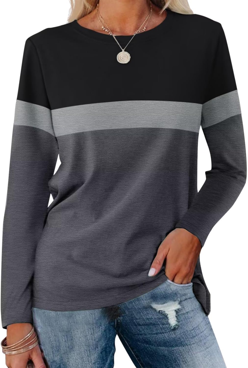 Women Long Sleeve Color Block Tunics Tops Round Neck Shirts Casual Blouses