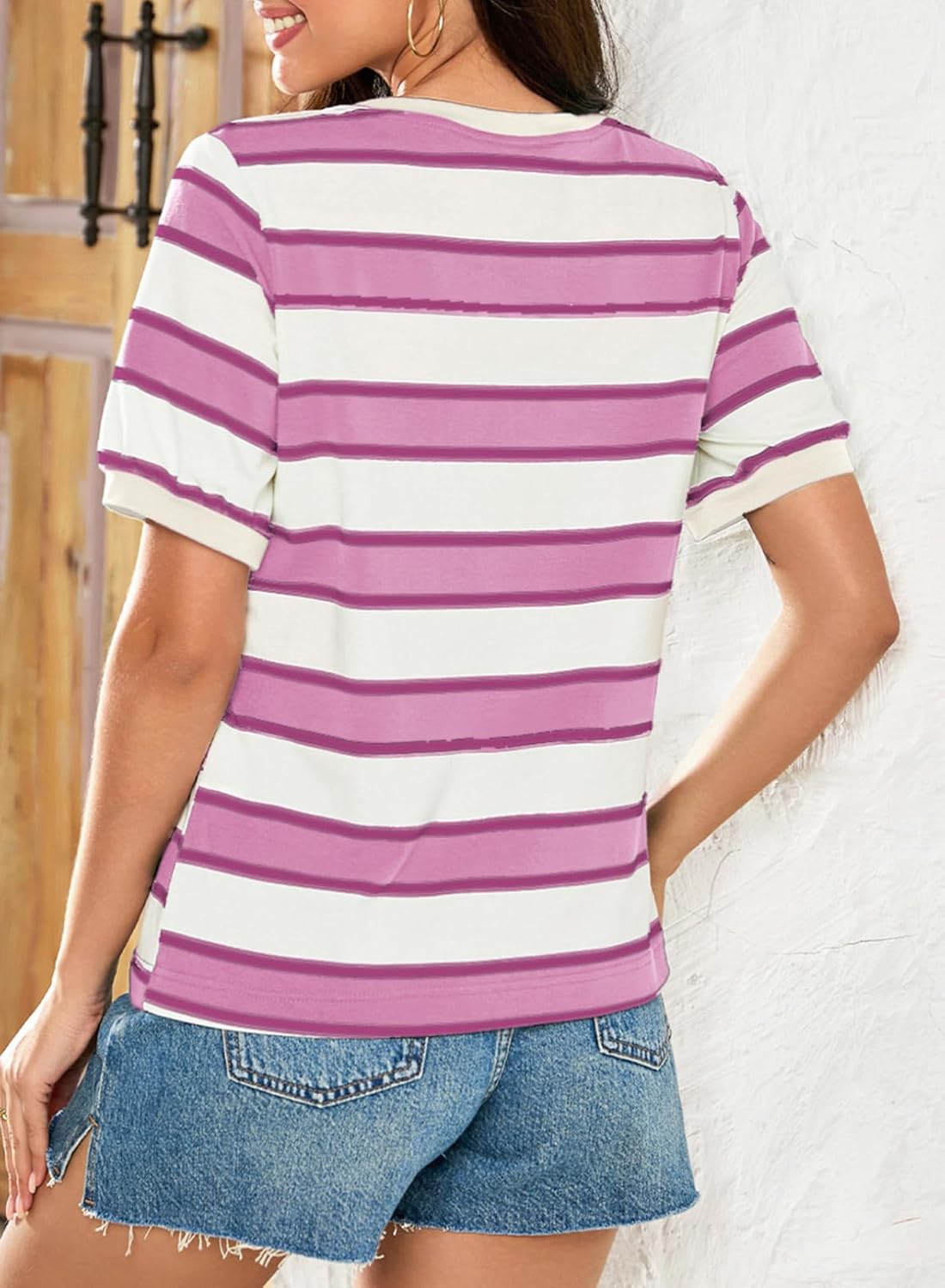 Striped Color Block Short Sleeve T-Shirts Crewneck Casual Loose Basic Tee Blouses