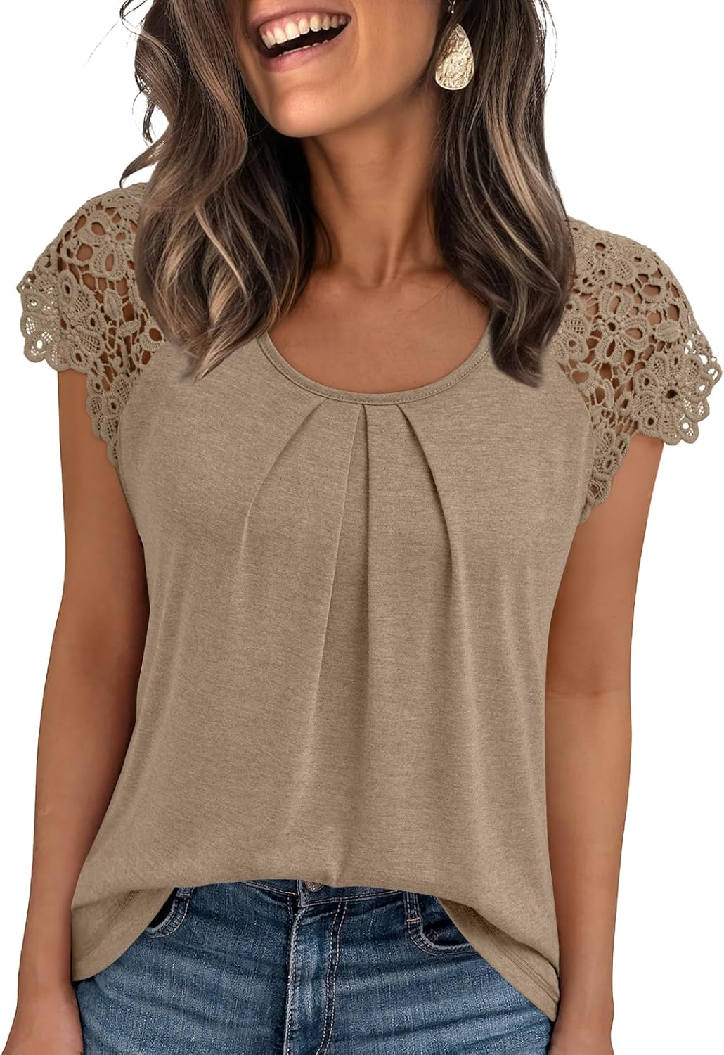 Womens Lace Tops Pleated Short Sleeve Shirts Summer