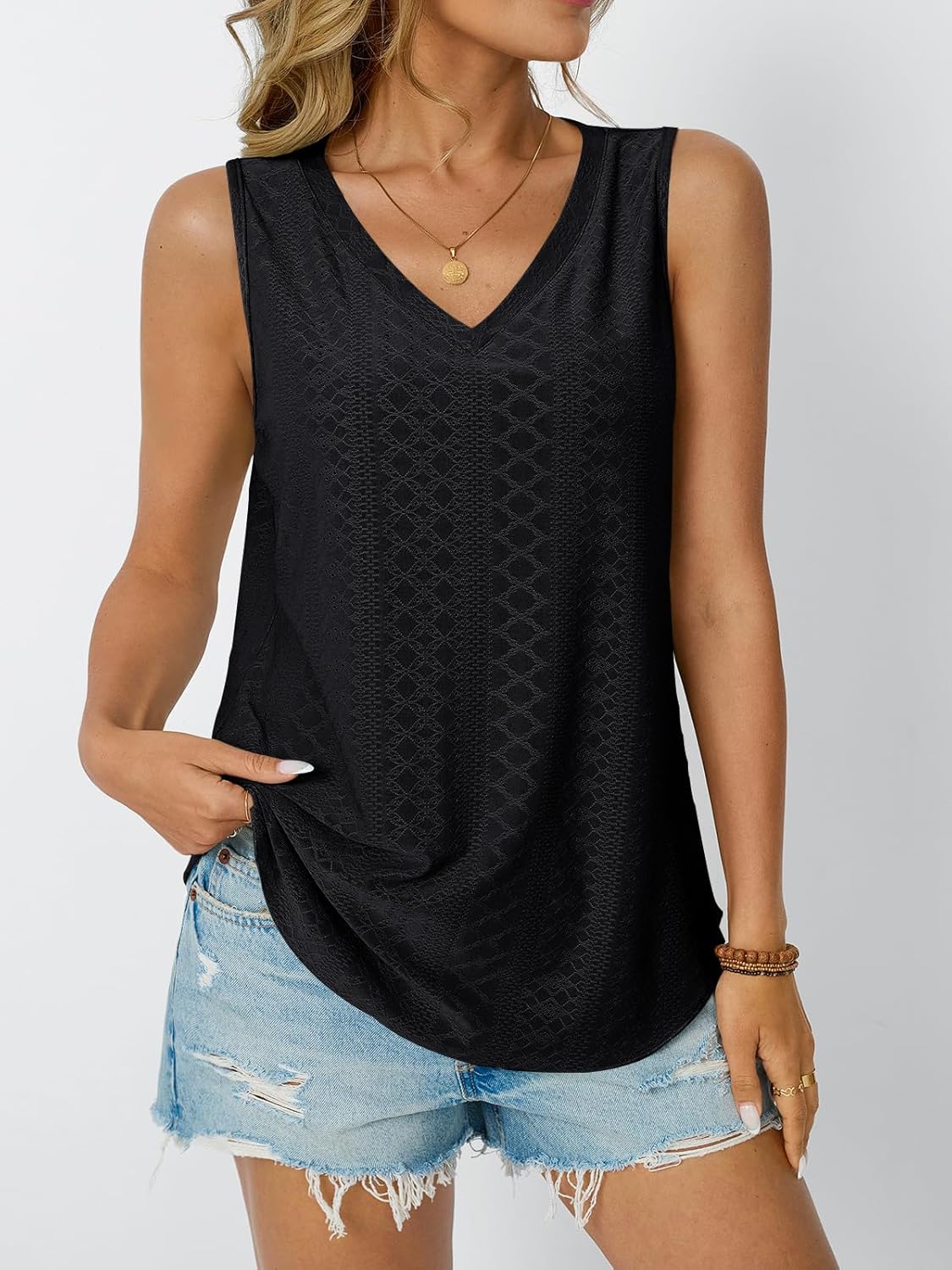 Womens Summer Tank Top Eyelet Embroidery V Neck Sleeveless Loose Fit Casual Shirt