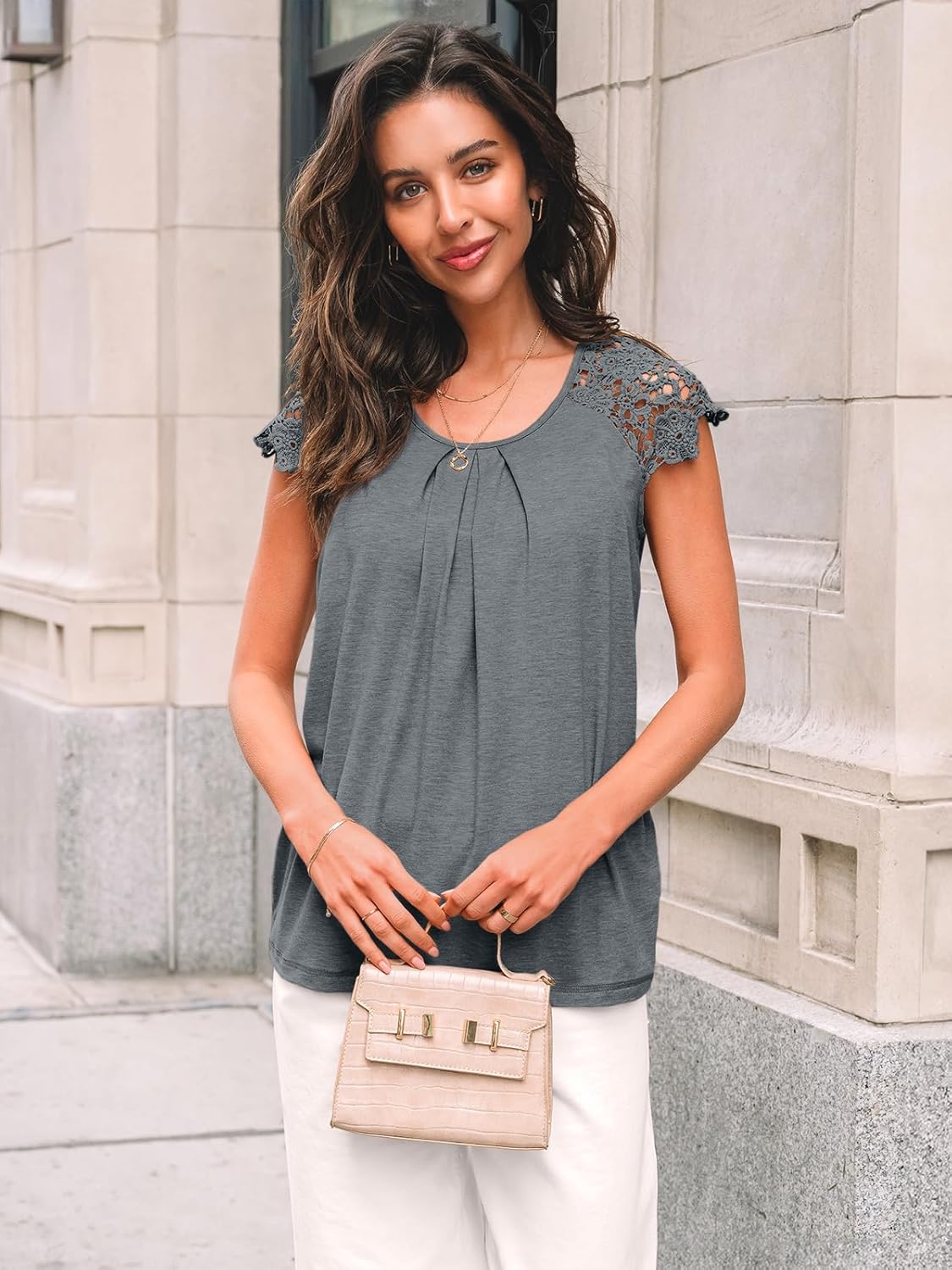Womens Lace Tops Pleated Short Sleeve Shirts Summer