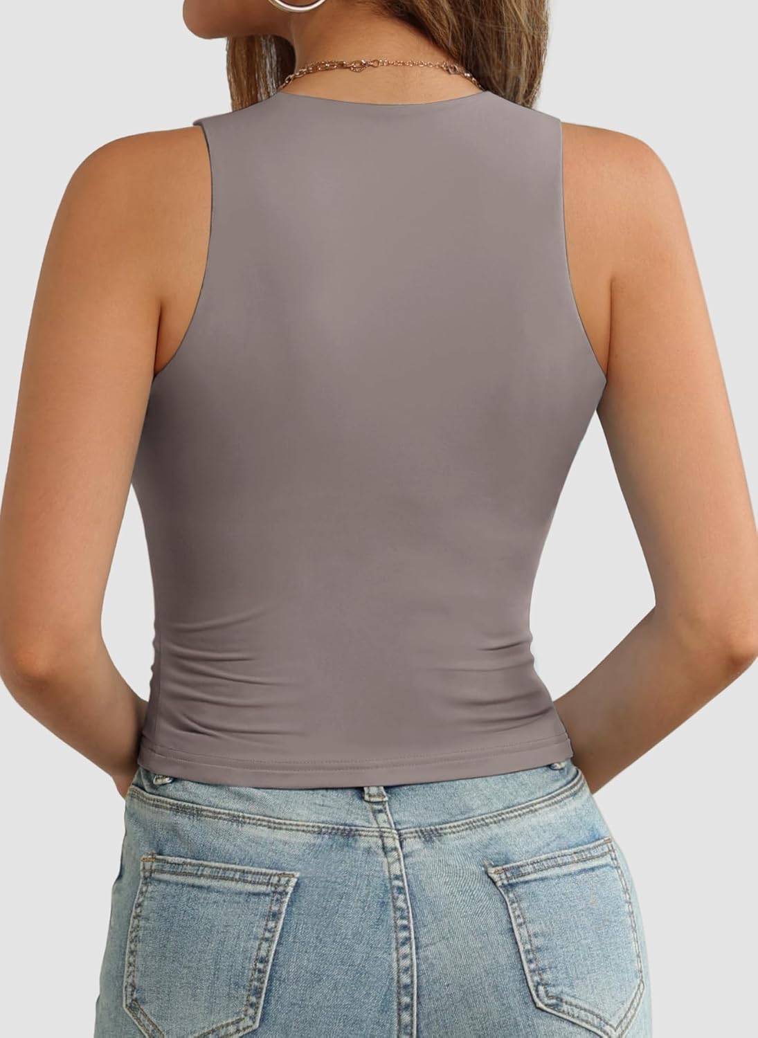 Womens Double Lined Crop Tank Tops Casual Basic Shirts Sleeveless Tops