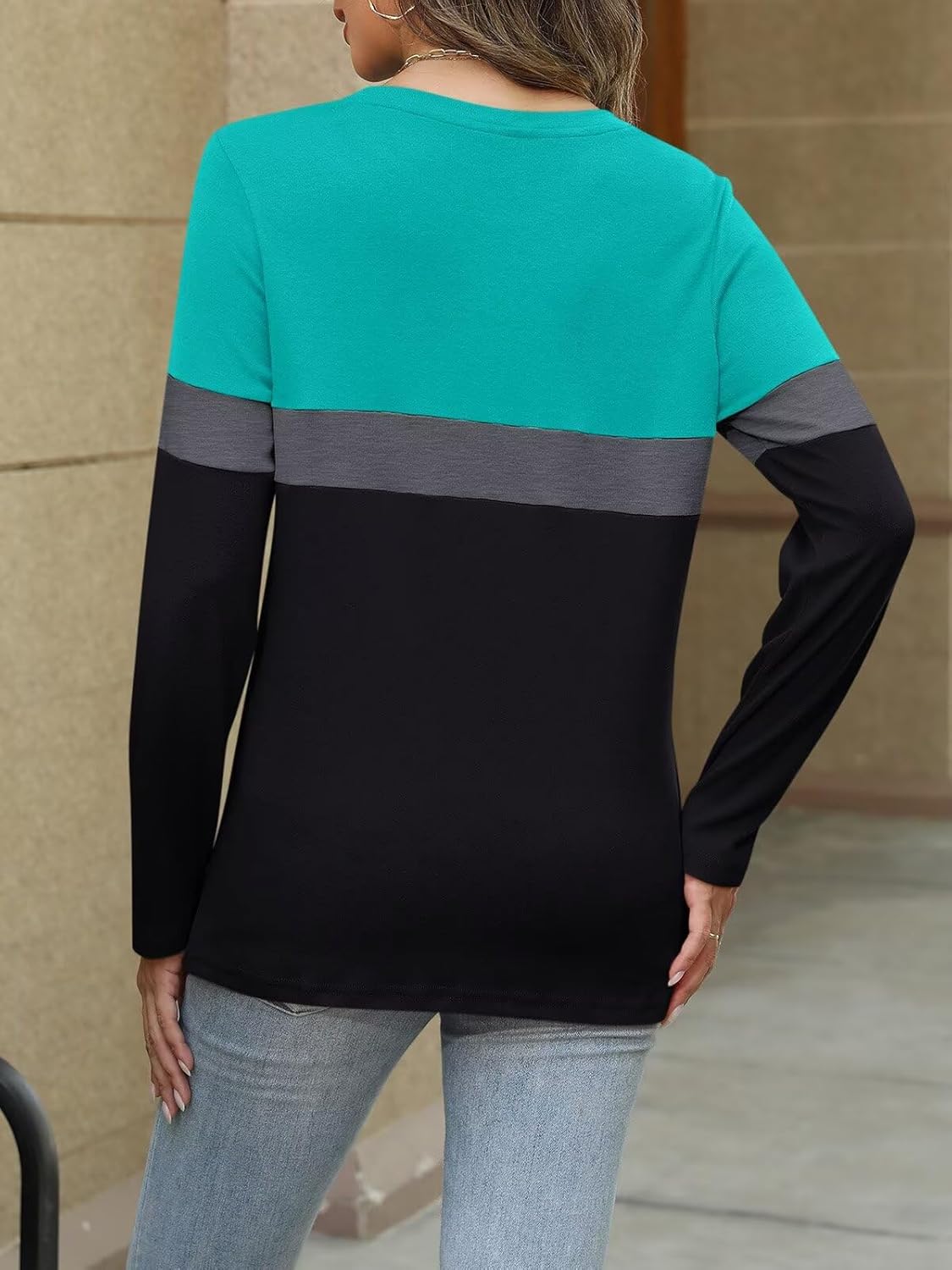 Women Long Sleeve Color Block Tunics Tops Round Neck Shirts Casual Blouses
