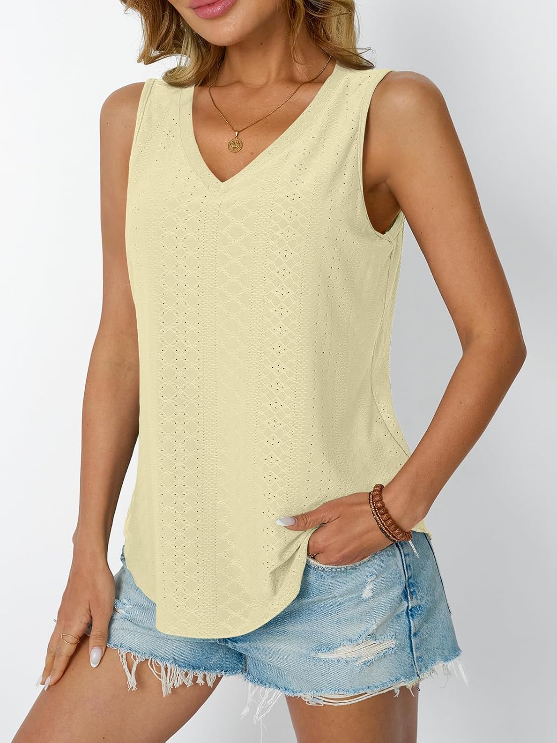 Womens Summer Tank Top Eyelet Embroidery V Neck Sleeveless Loose Fit Casual Shirt