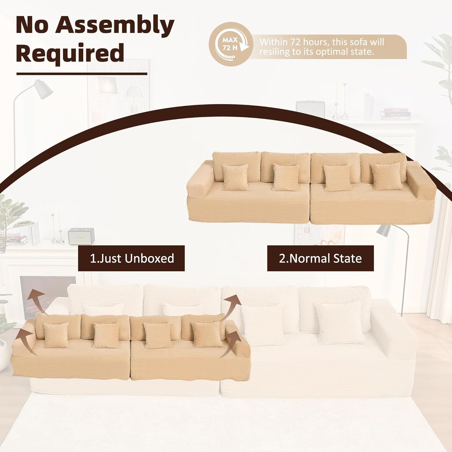 107" Boneless Couch with Deep Seat Cloud Sectional Couch for Living Room