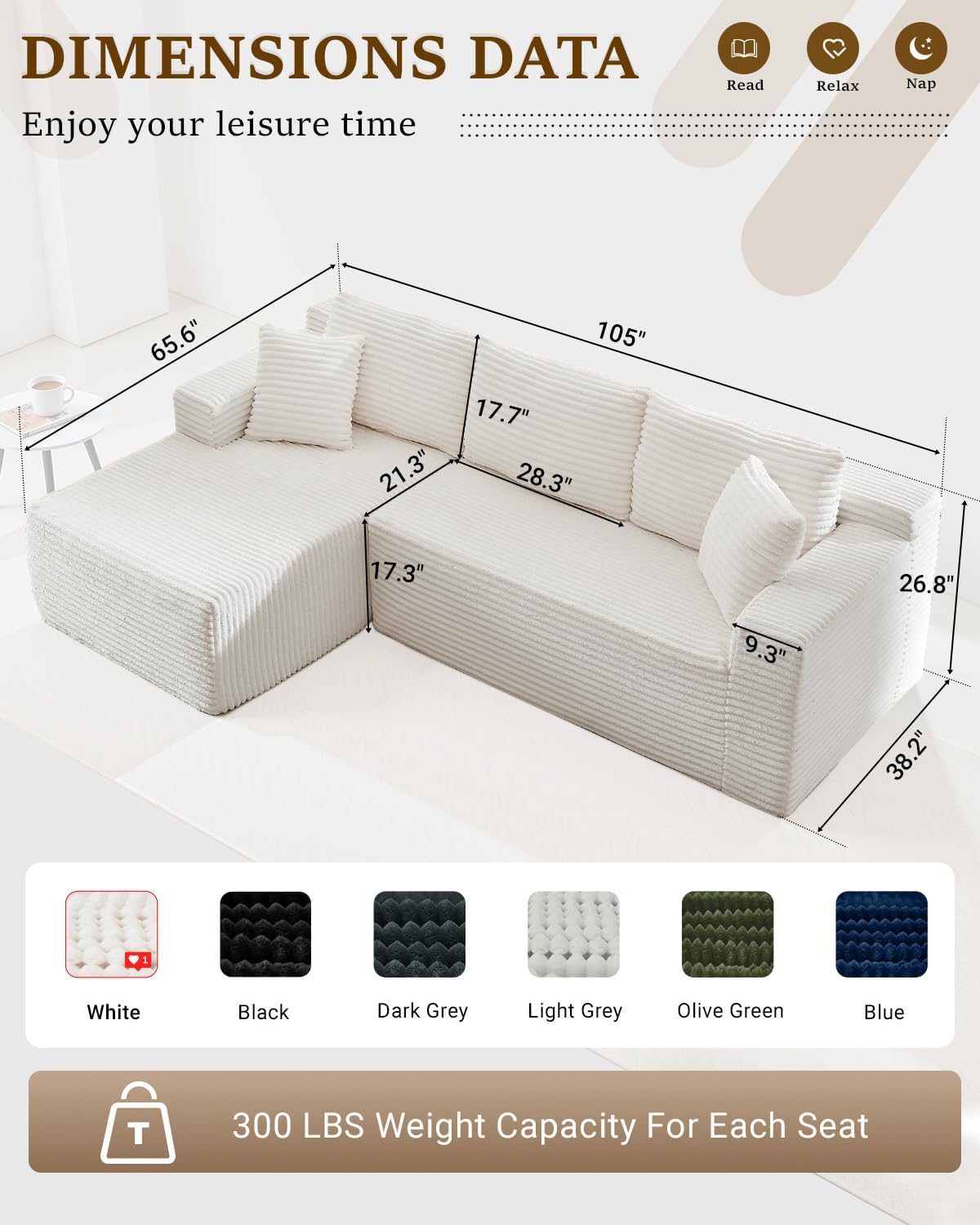 105 Inch Cloud Sectional Couch with Deep Seat