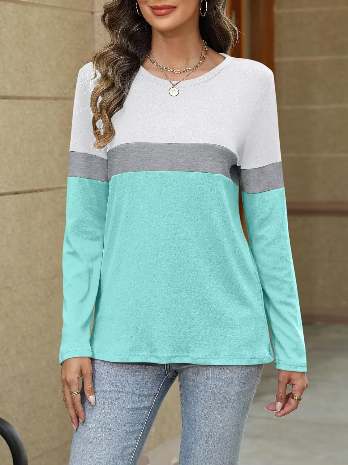 Women Long Sleeve Color Block Tunics Tops Round Neck Shirts Casual Blouses