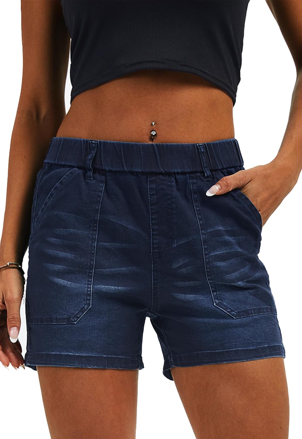 Womens Jean Shorts High Waisted Summer Cotton Elastic Waist Denim Shorts with Pockets
