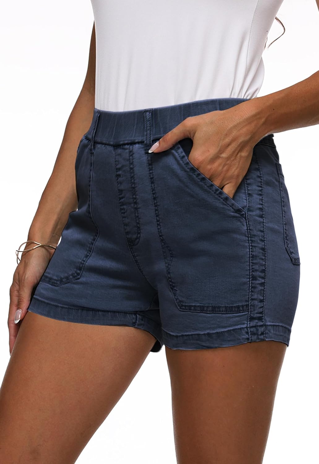 Womens Jean Shorts High Waisted Summer Cotton Elastic Waist Denim Shorts with Pockets
