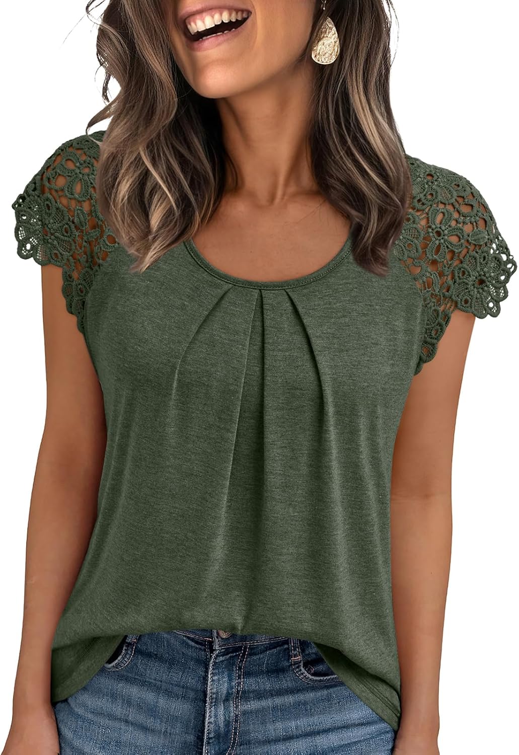 Womens Lace Tops Pleated Short Sleeve Shirts Summer