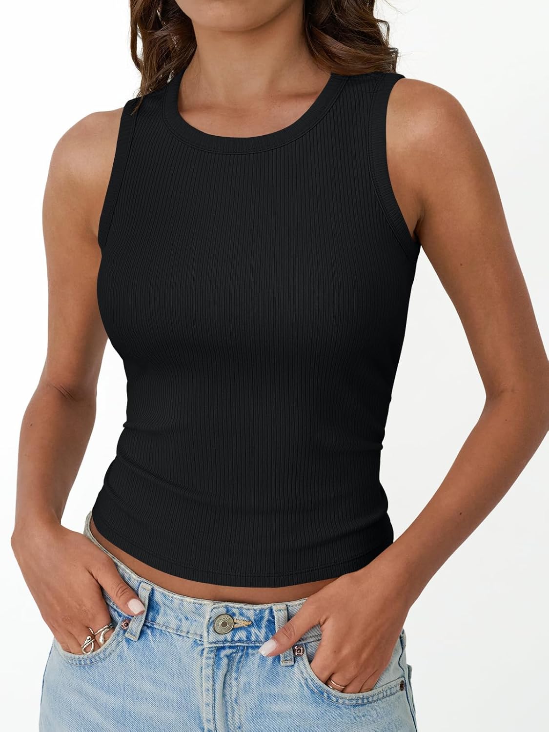 Womens Tank Tops Summer Workout Ribbed Sleeveless High Neck