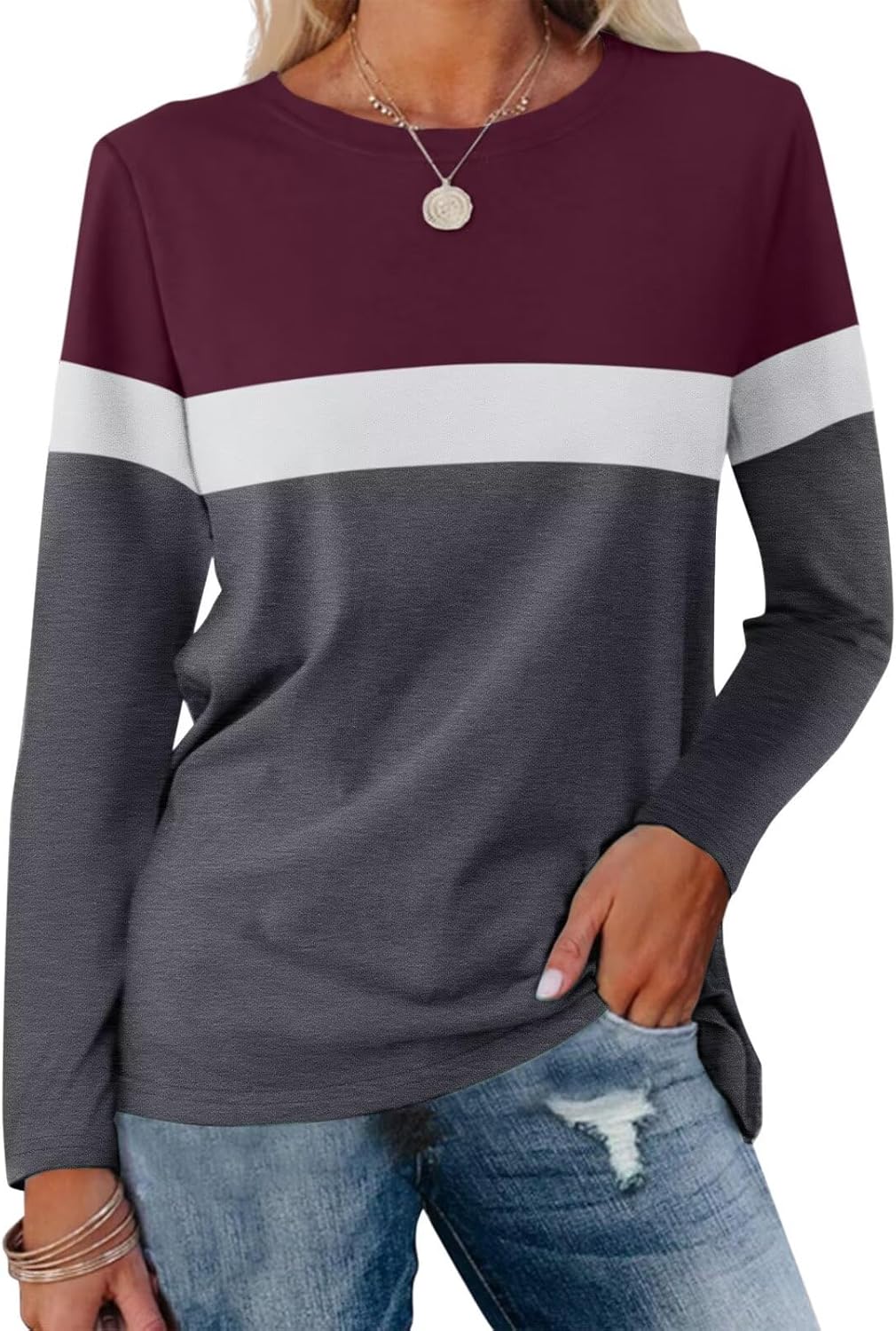 Women Long Sleeve Color Block Tunics Tops Round Neck Shirts Casual Blouses