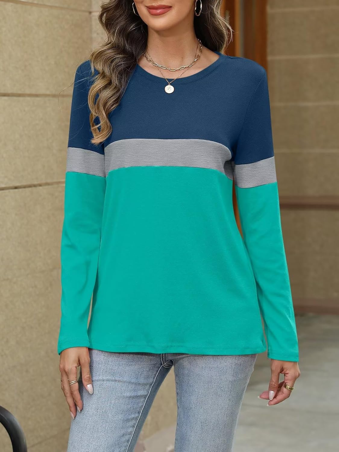 Women Long Sleeve Color Block Tunics Tops Round Neck Shirts Casual Blouses