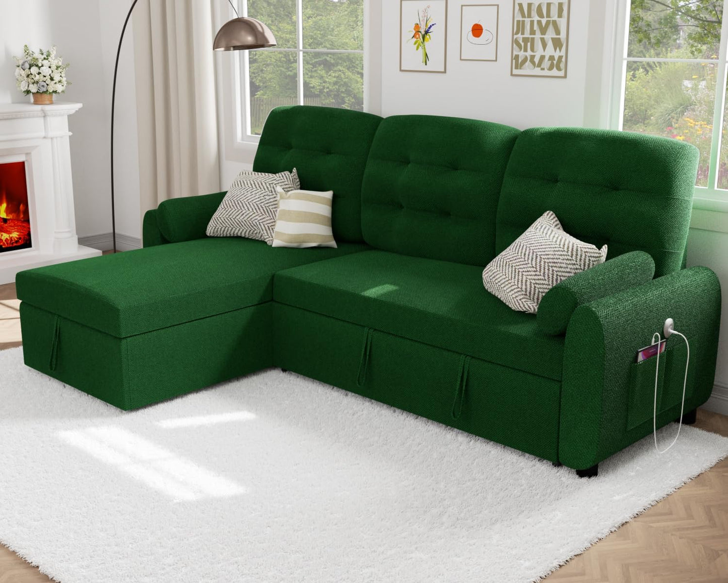 Sectional Sleeper Sofa with Storage Chaise USB Port, Side Pocket Removable Back 87" Couch in Black Linen