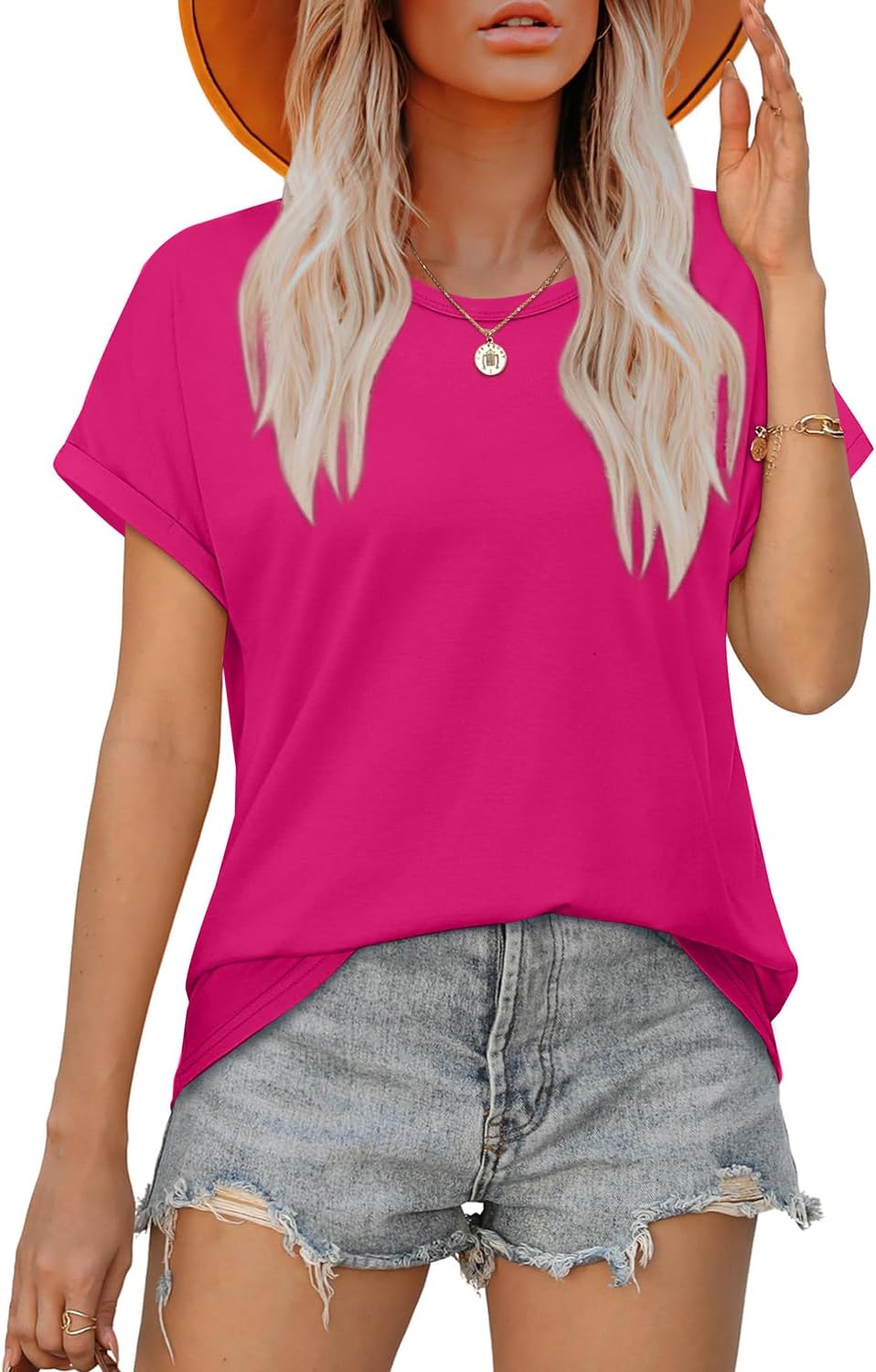 Womens T Shirts Crew Neck Rolled Short Sleeve Basic Summer Tees Curved Hem