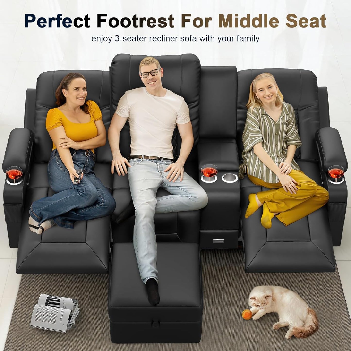 YONISEE 3 Seat Recliner Sofa, Large Reclining Sofa with Storage Console, Manual Reclining Chair with USB Ports, 2 Cell Phone Holder, 3 Seater Loveseat Recliner Couch for Living Room