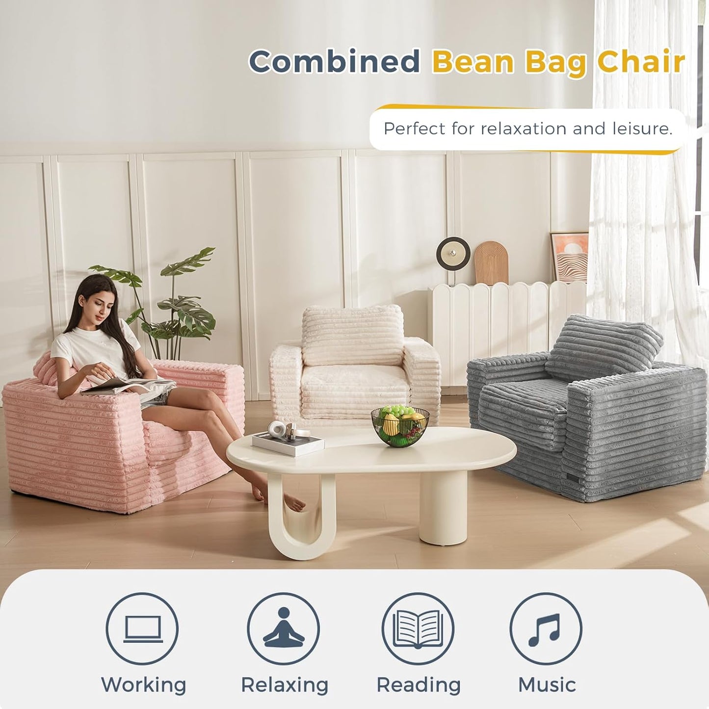 Plush Giant Bean Bag Sofa for Adults Floor Loveseat Chair with Armrests White