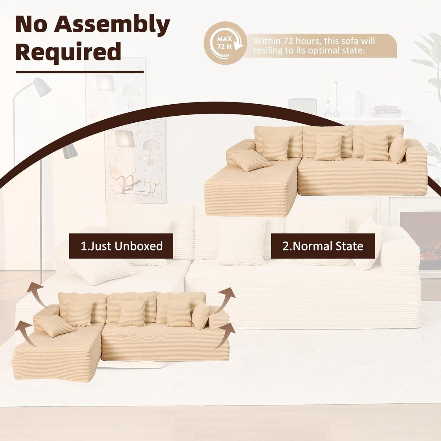 107" Boneless Couch with Deep Seat Cloud Sectional Couch for Living Room