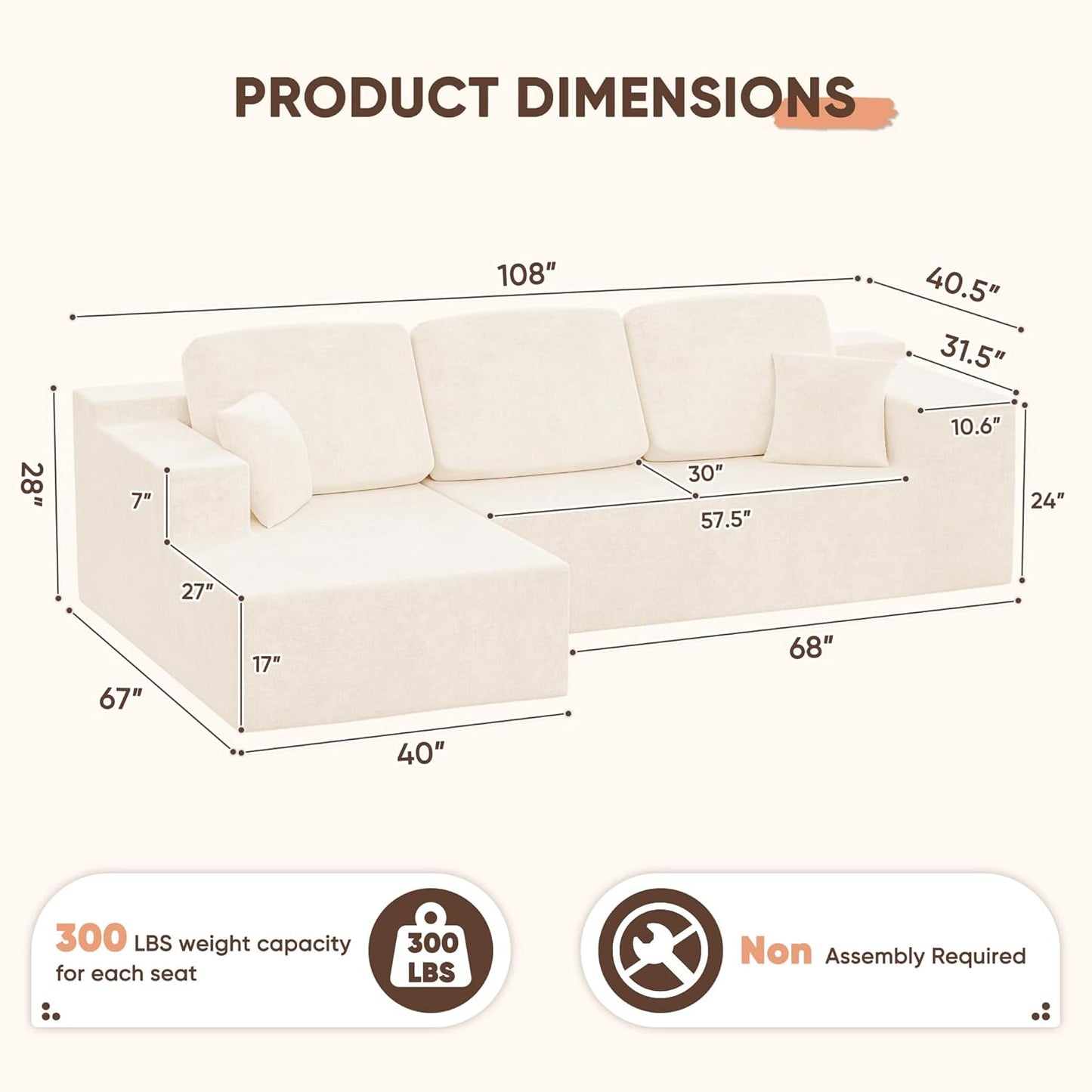 108" Modular Sectional Sofa Boneless Couch with L-Shape Chaise