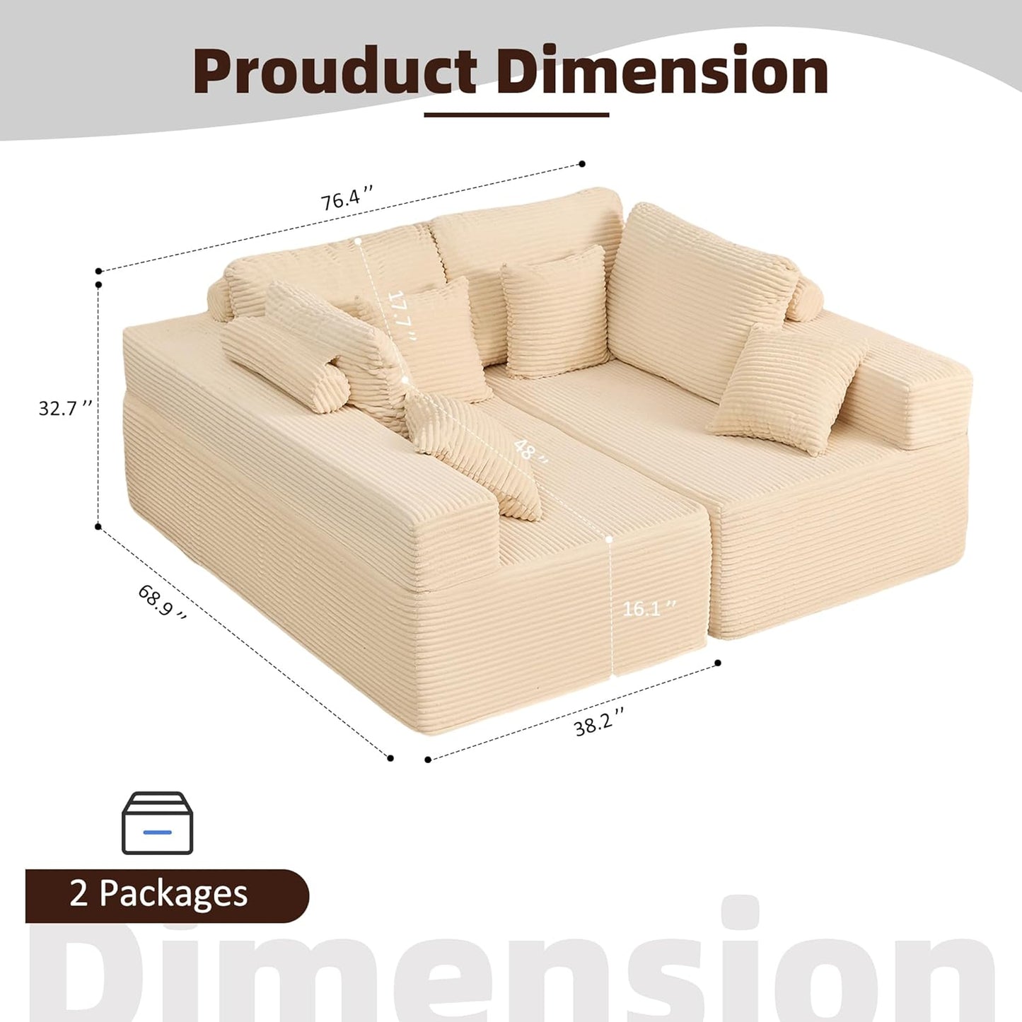 107" Boneless Couch with Deep Seat Cloud Sectional Couch for Living Room