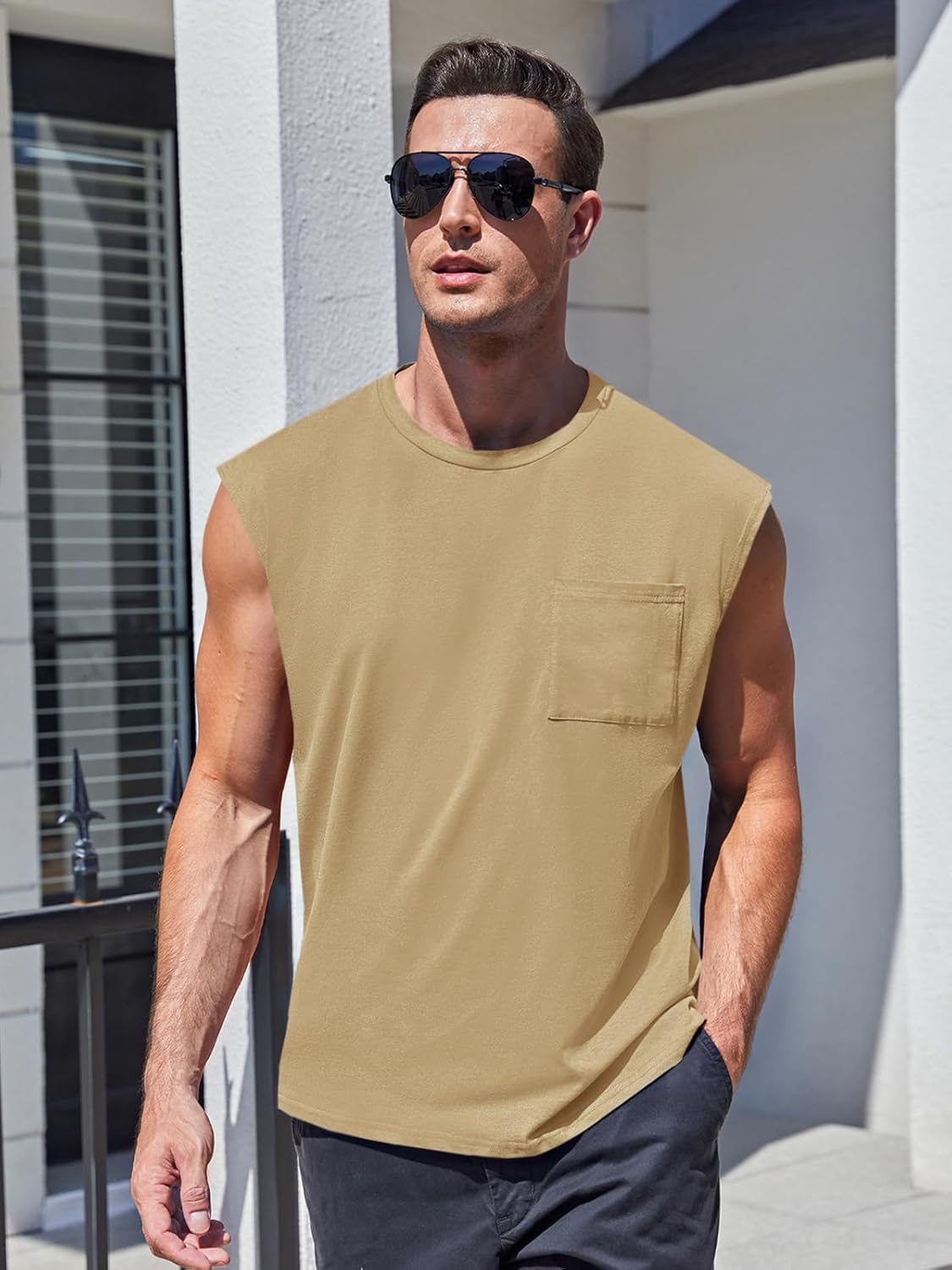 Mens Sleeveless Tank Tops Workout Cut Off Shirts Muscle Gym T Shirts with Pocket