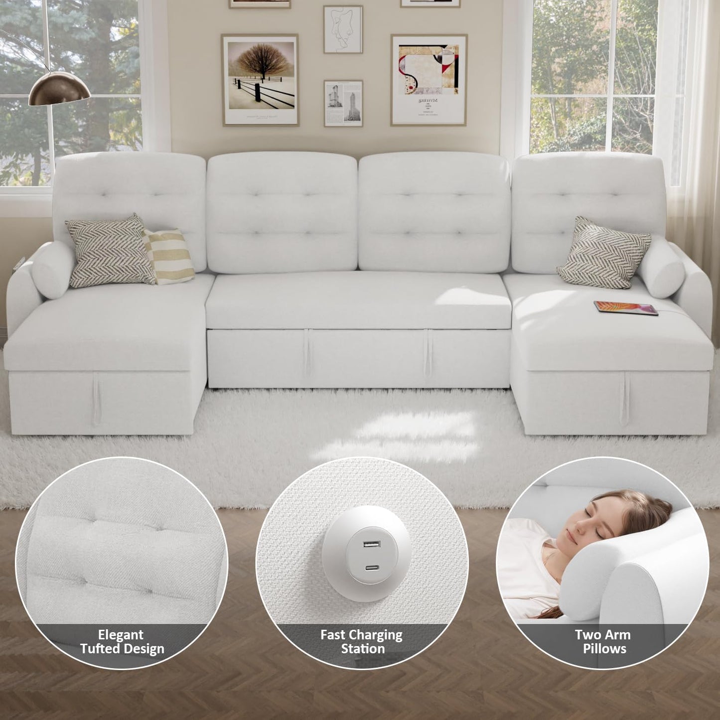 Sectional Sleeper Sofa with Storage Chaise USB Port, Side Pocket Removable Back 87" Couch in Black Linen