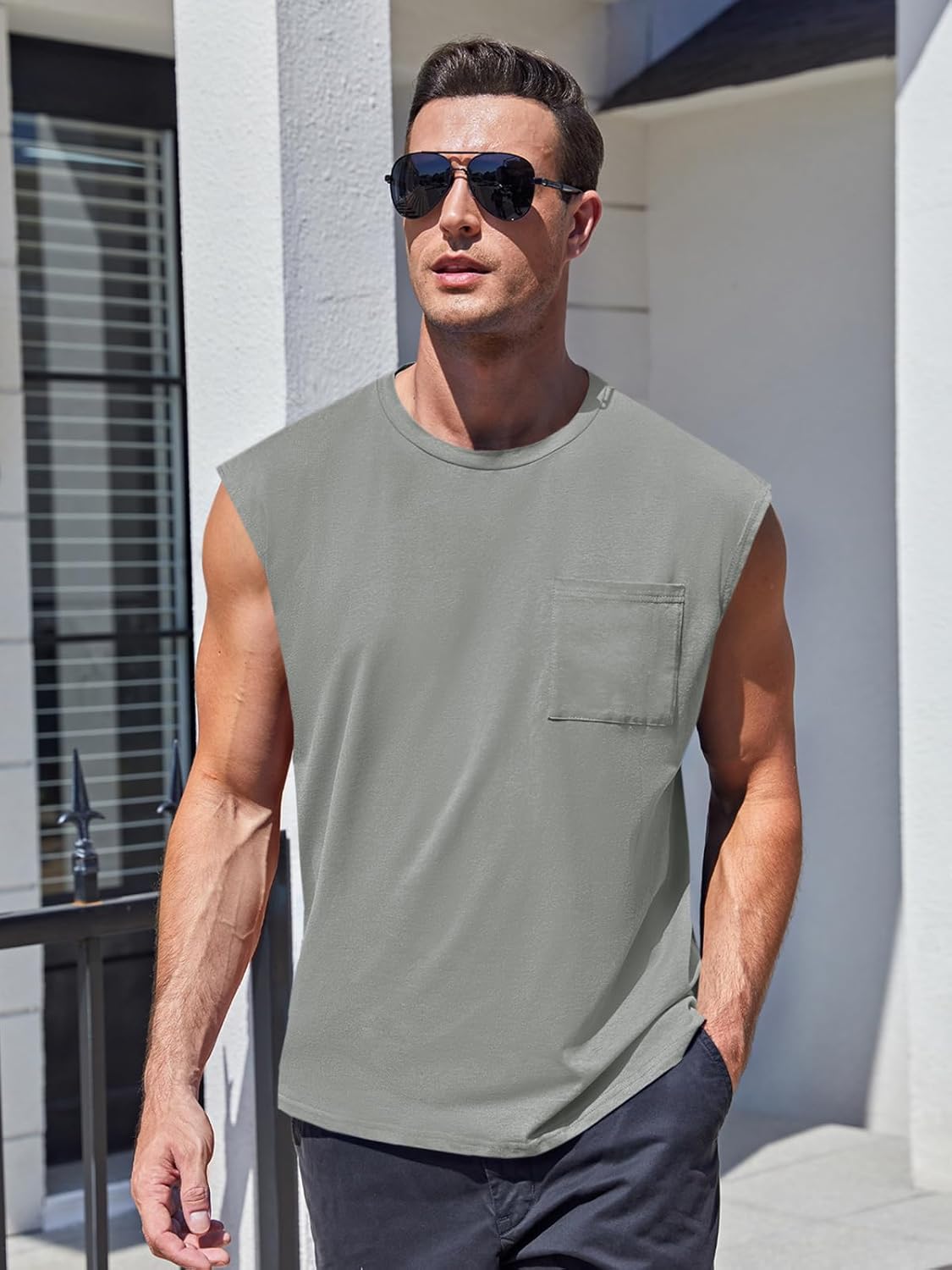 Mens Sleeveless Tank Tops Workout Cut Off Shirts Muscle Gym T Shirts with Pocket