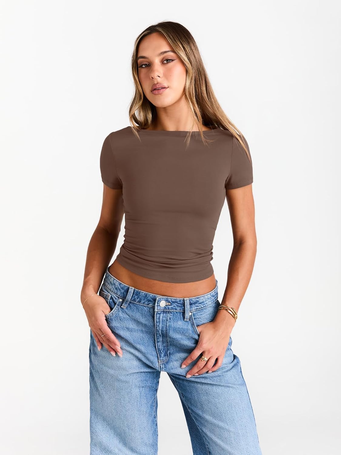 Womens Boat Neck Tops Short Sleeve T-Shirts Slim Fitted Compression