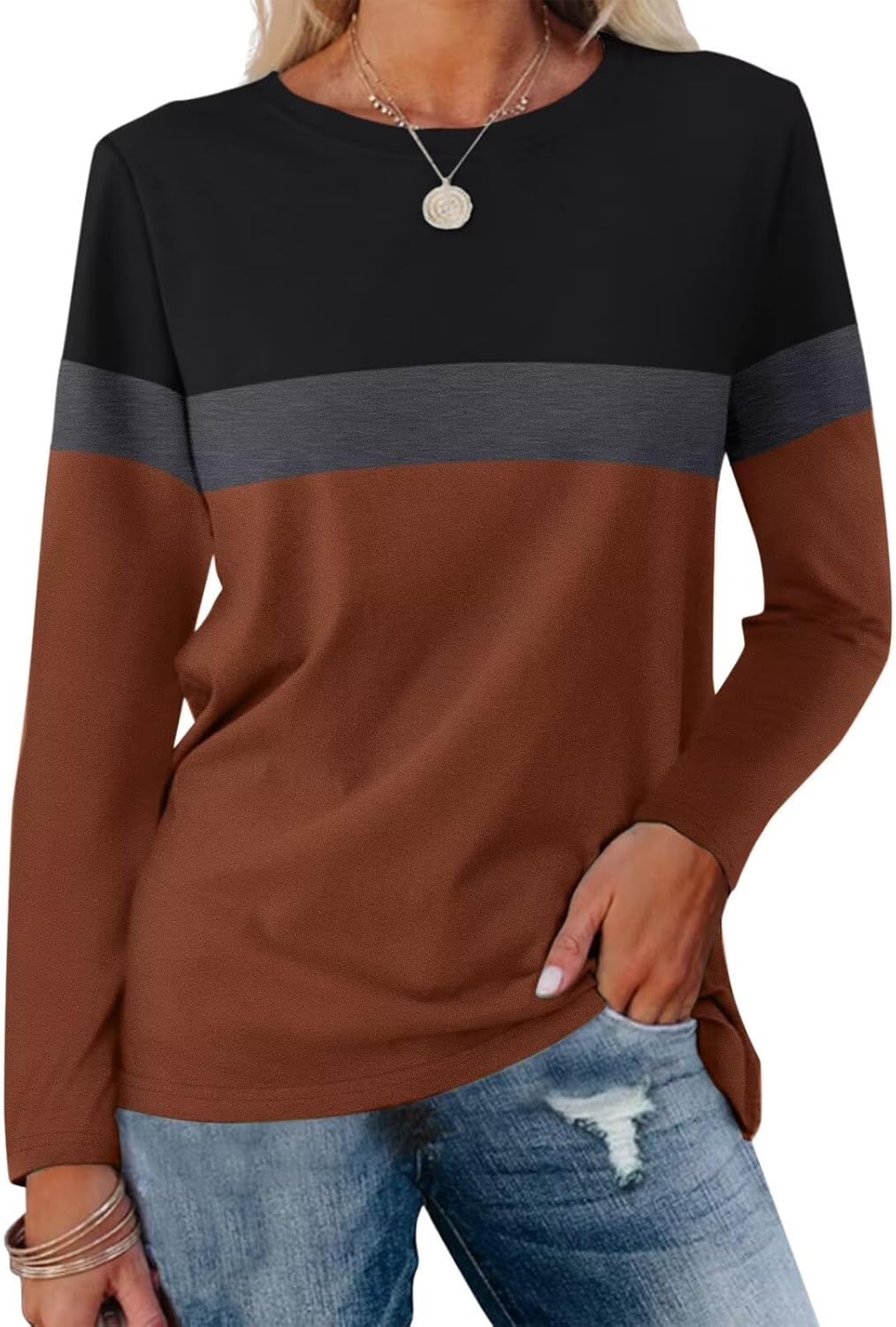 Women Long Sleeve Color Block Tunics Tops Round Neck Shirts Casual Blouses