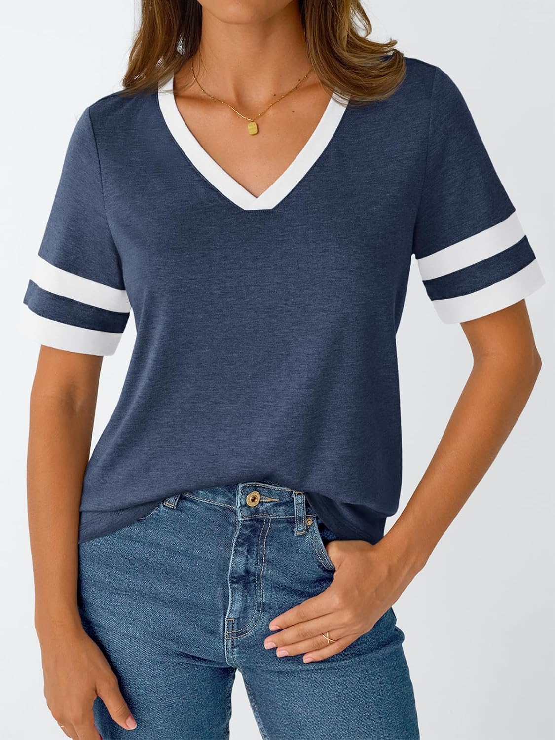Women's Short Sleeve V Neck T Shirts Trendy Casual Spring Tops