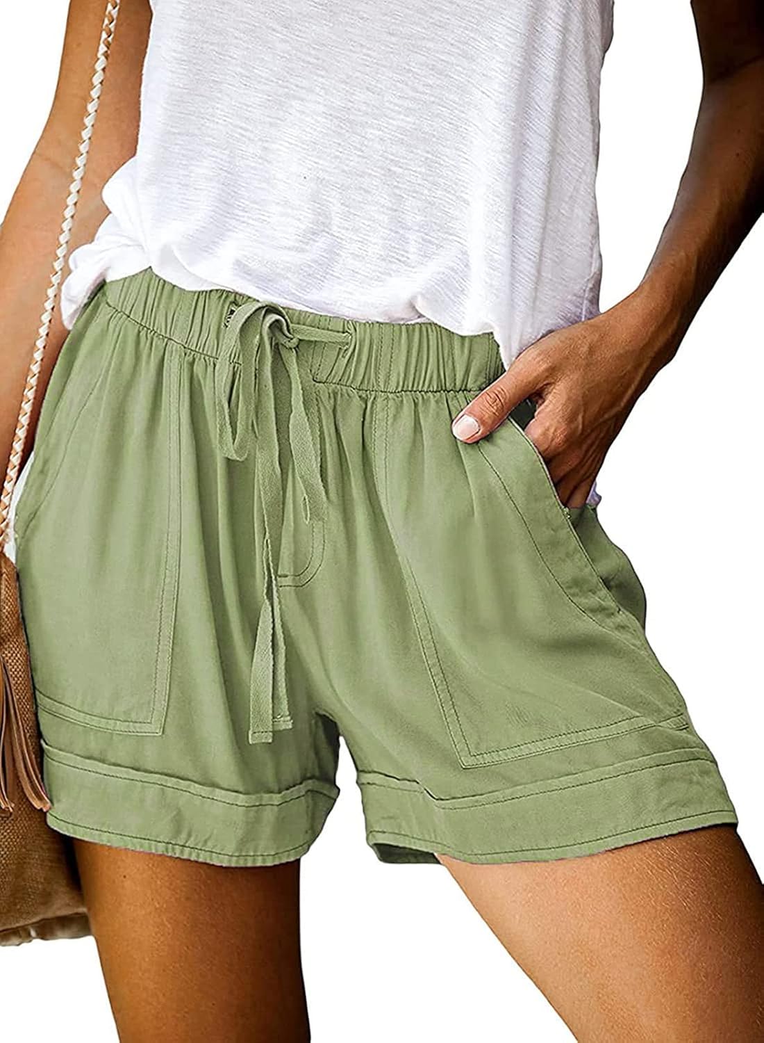 Womens Shorts Cotton Elastic Waist Drawstring Casual Shorts with Pockets