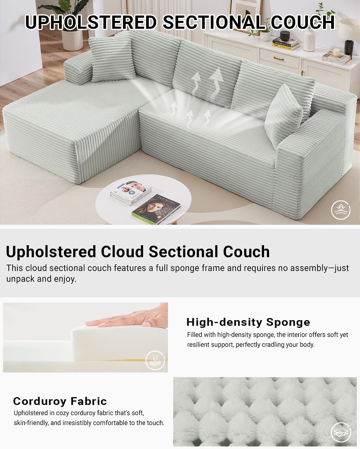 105 Inch Cloud Sectional Couch with Deep Seat