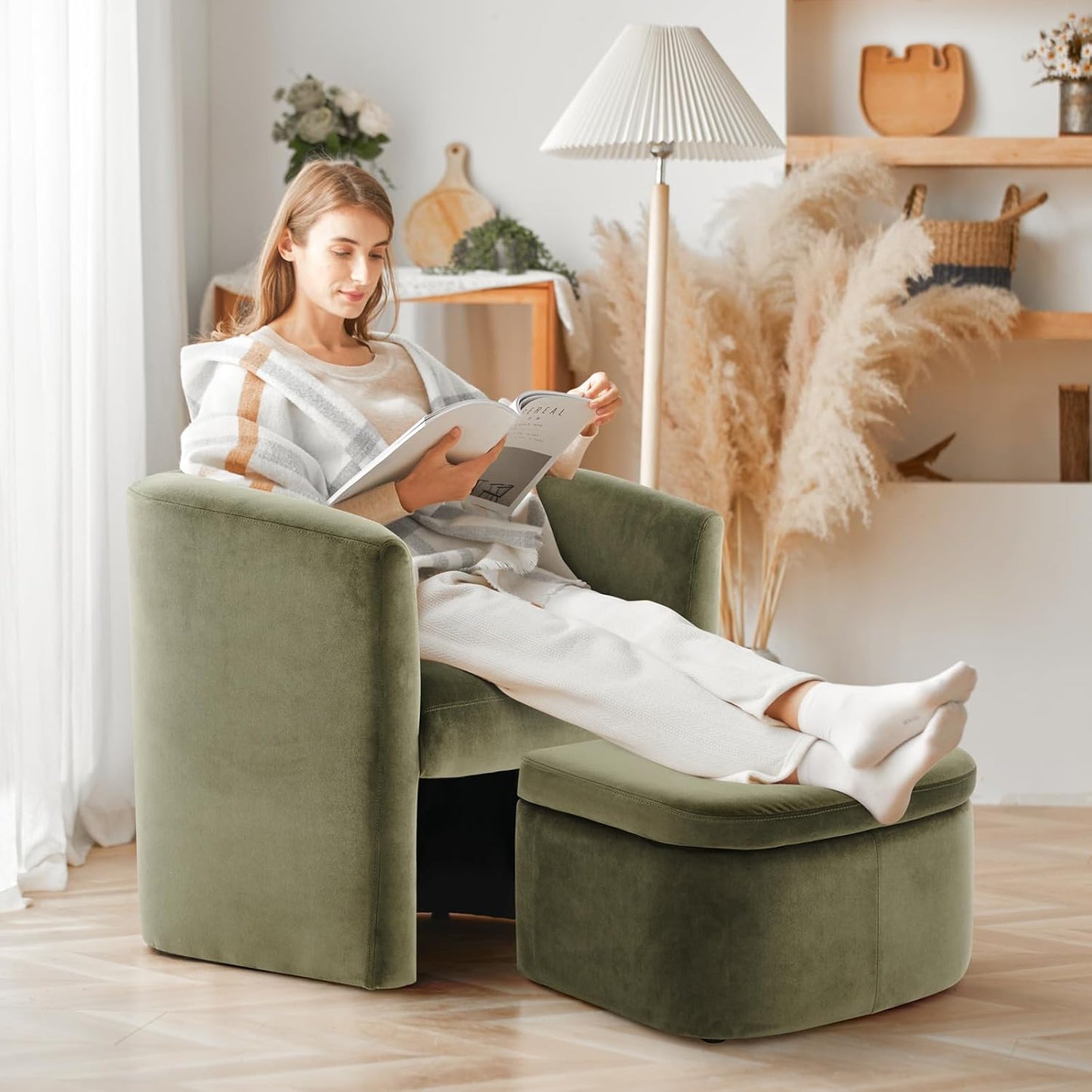 COLAMY Upholstered Velvet Barrel Accent Chair with Storage Ottoman