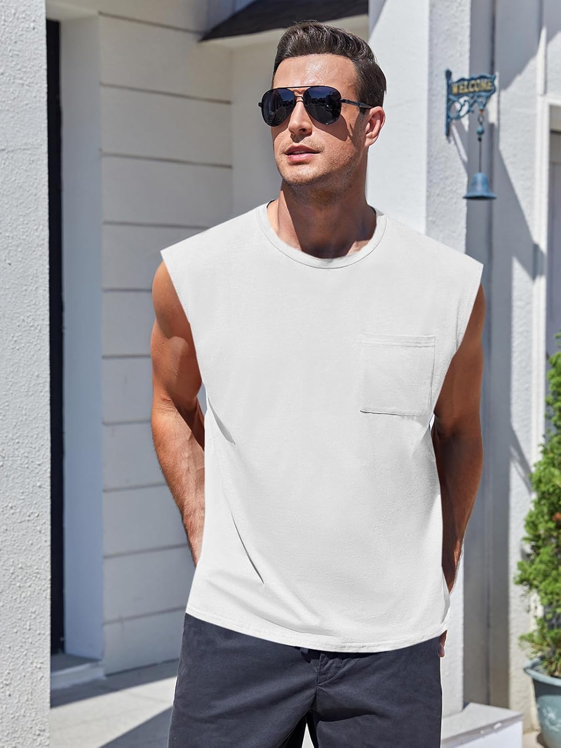 Mens Sleeveless Tank Tops Workout Cut Off Shirts Muscle Gym T Shirts with Pocket