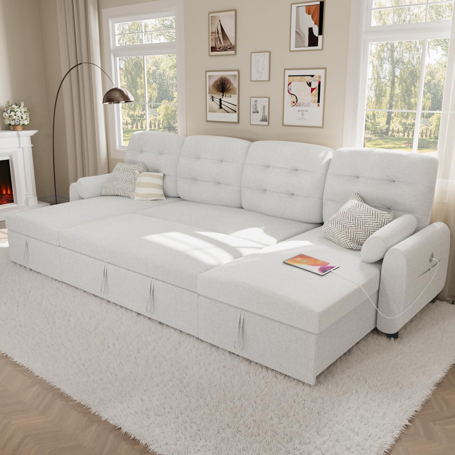 Sectional Sleeper Sofa with Storage Chaise USB Port, Side Pocket Removable Back 87" Couch in Black Linen