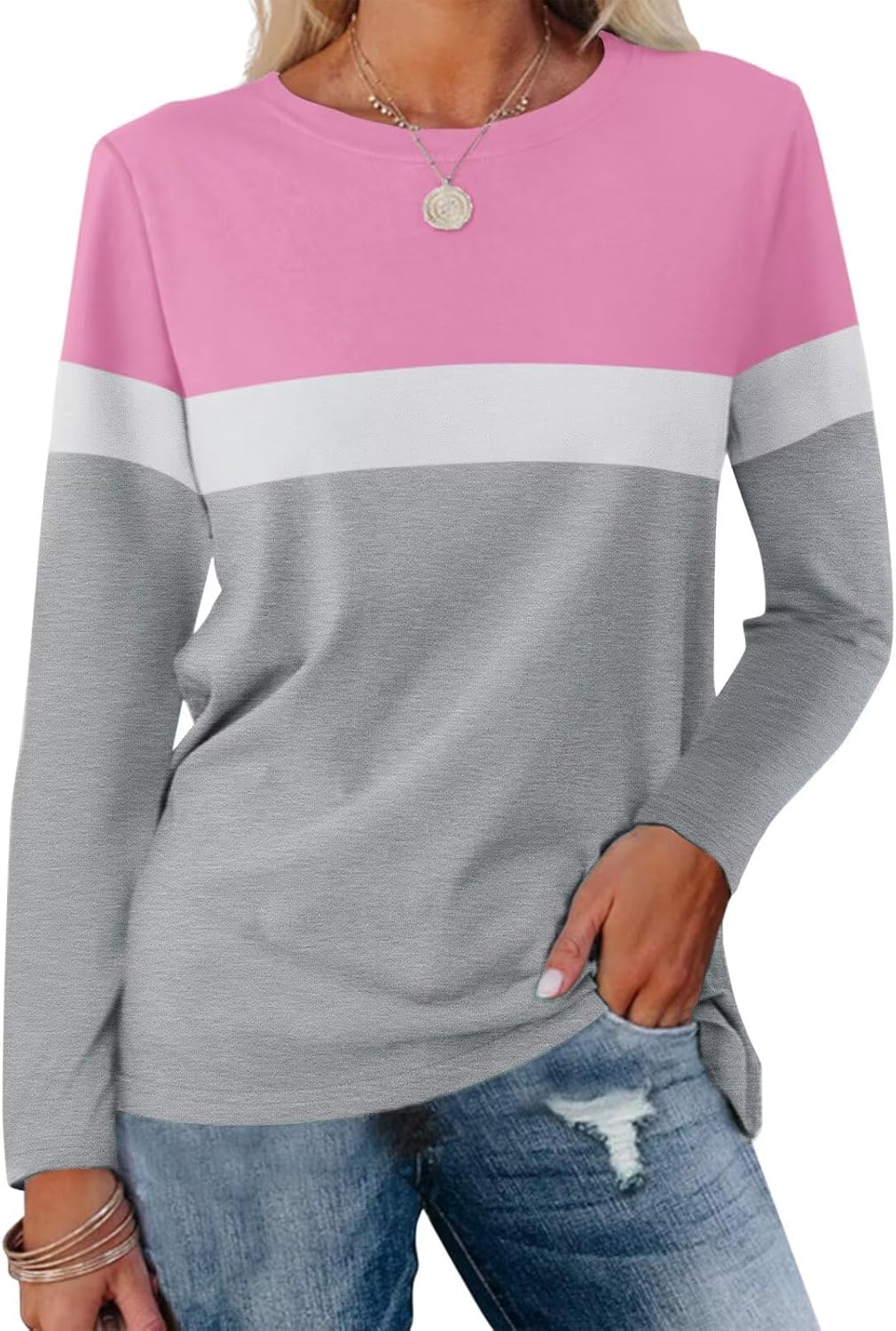 Women Long Sleeve Color Block Tunics Tops Round Neck Shirts Casual Blouses